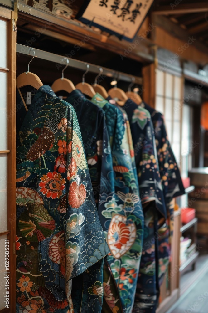 A rack of traditional Japanese kimono with floral patterns.