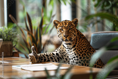 A leopard (tech guru) fixing a computer problem for a stressed-looking lion (businessman) in a technological savanna landscape.