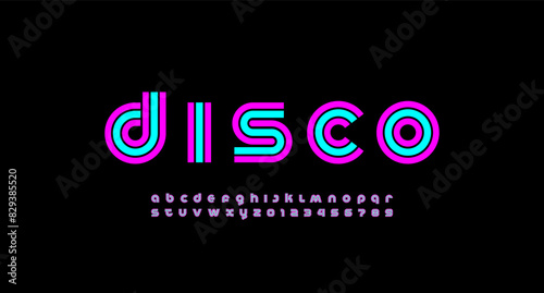 Modern stylized striped font, minimalistic trendy alphabet made disco style, graphic bright letters and numerals, vector illustration 10EPS