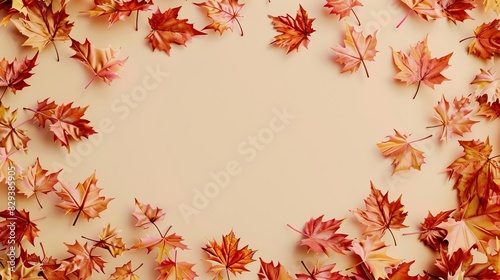 Bright high-key mockup featuring a frame of autumn leaves on beige background