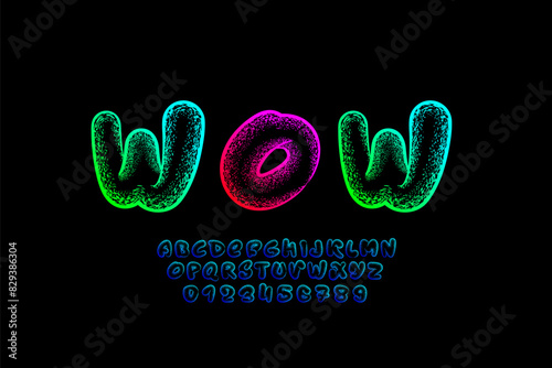 Graffiti spray font, inflated alphabet, street city hand-drawn typeface, brush paint texture letters and numbers made mural style, vector illustration 10EPS