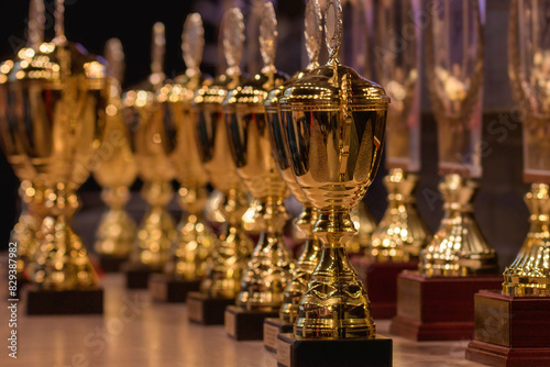 A row of gold and red trophies sit on a table