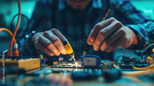 A person is using a soldering iron to work on a motherboard, demonstrating their expertise in engineering and hand-eye coordination. AIG41 photo