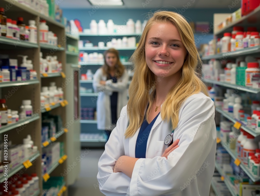 Smiling pharmacist in a white coat stands confidently in a pharmacy aisle, surrounded by shelves of medication.