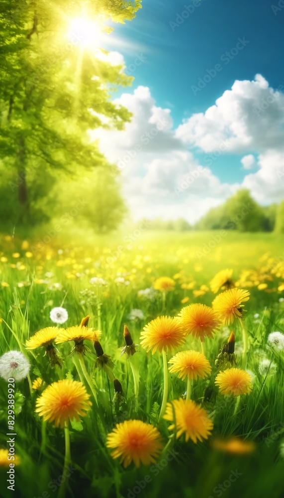 Fototapeta premium A bright, sunny meadow filled with blooming yellow dandelions, with green grass and a few scattered white flowers