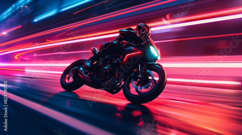 In a night city, a motorcyclist speeds down the street, illuminated by neon lights that emphasize the speed and dynamics of his ride.