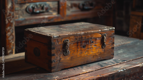On an old wooden table there is an antique wooden chest, decorated with carved patterns and metal fittings. Its age and patina add to its charm, and the interior hides the secrets of times gone by.