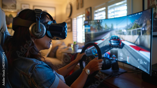 A passionate woman puts on virtual reality goggles to immerse herself in the intense world of a racing simulator. There is an advanced simulation kit in her home living room © Sawyer0