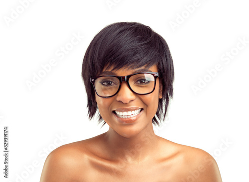 Black woman, portrait and happy with spectacles against studio white background for confidence, vision and eyewear. Female person, smile and glasses on isolated on backdrop stylish and trendy