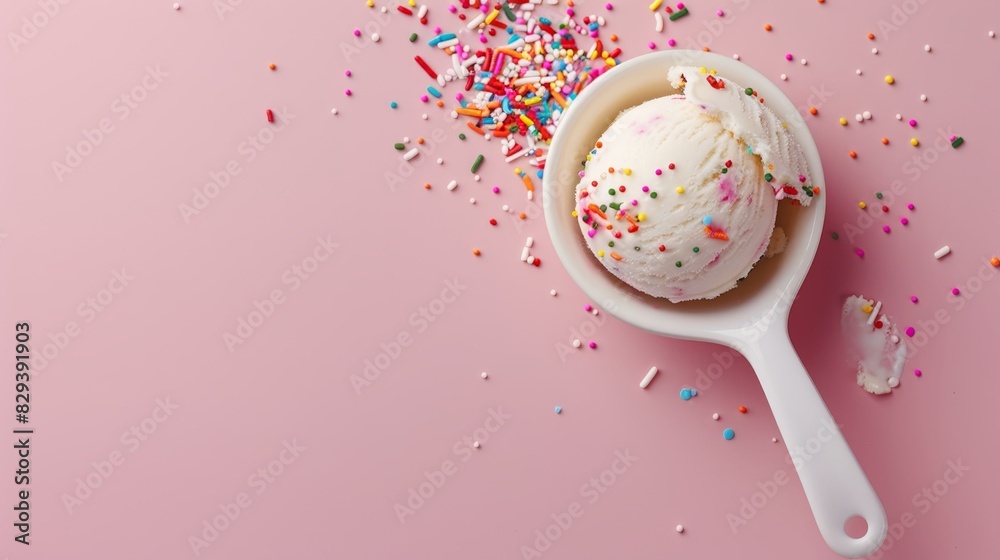 Isolated vanilla ice cream scoop, colorful sprinkles on a soft pink background, with copy space for text, studio lighting Isolated vanilla ice cream scoop, colorful sprinkles on a soft pink background, with copy space for text, studio lighting