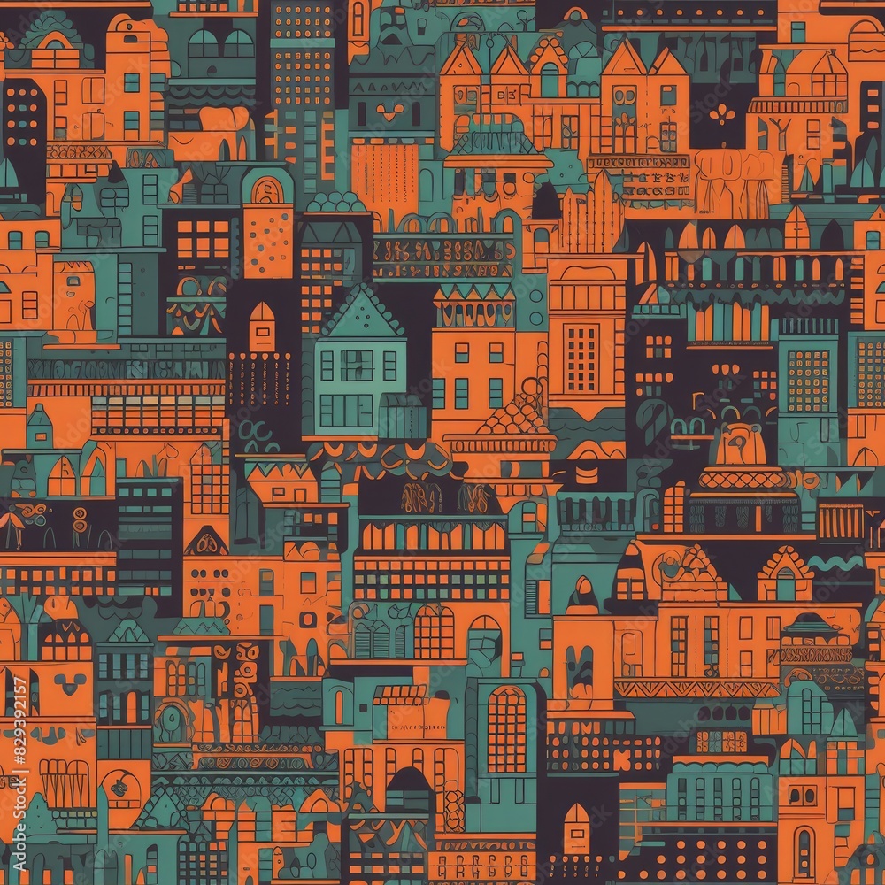 Fototapeta Abstract seamless pattern with buildings. Perfect for fabric, textile, wallpaper, kindergarten.