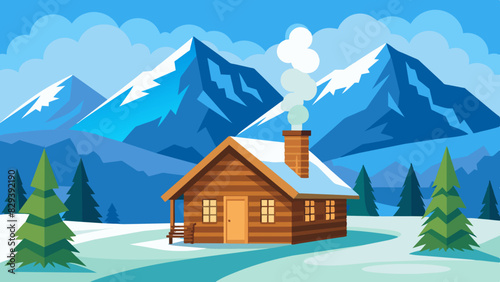Cozy wooden cabin with smoke from the chimney on blue sky and snow-capped peaks background. Mountain resort in the Alps