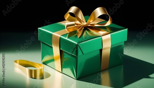 green and golden gift box isolated on transparent background cutout