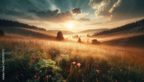 A serene meadow landscape at sunrise. The foreground features dewy grass and wildflowers photo