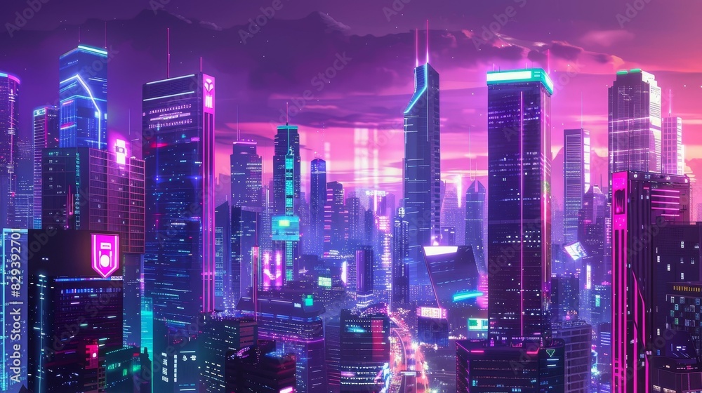 Cyberpunk future featuring a vibrant cityscape with sleek skyscrapers, neon lights, and a stunning array of colors, set against a nighttime backdrop.