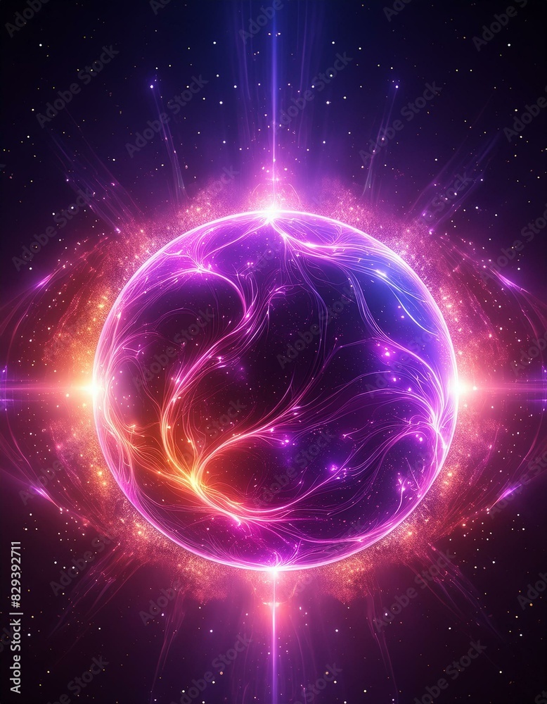 planet in space, Abstract neon sphere of energy with purple and pink flames and particle dark background