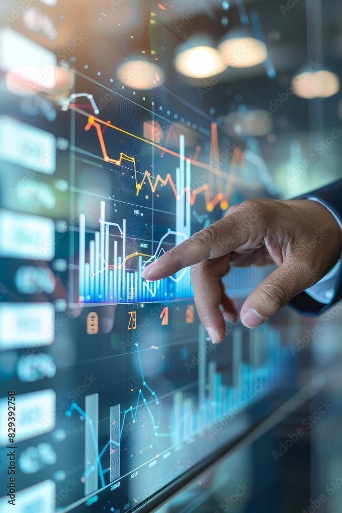 Business, Finance and Investment Concept : Businessman touching virtual screen with upward graph and bar chart on blurry background