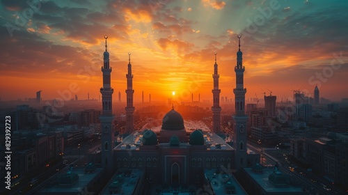Golden hour over an Islamic cityscape, focusing on the Feast of Sacrifice with warm, raw tones and intricate architectural details, sunset lighting photo