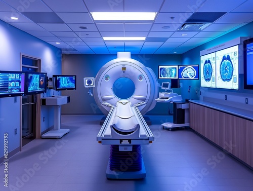 A state-of-the-art MRI machine in a high-tech medical imaging room with multiple screens displaying brain scans.