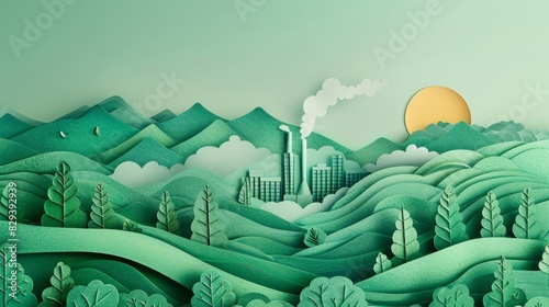 Green mountains frame a paper cut factory, symbolizing environmental harmony in industrial settings, ideal for eco-themed visuals