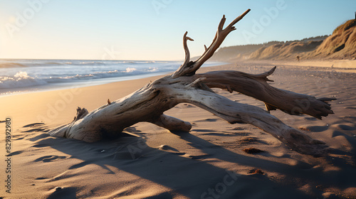  Sandy beach scene with a tree branch in the foreground  under a clear blue sky.