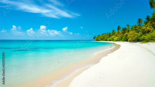 Sand spit of a tropical island stretching into the distance. White sand beach with blue water of sea like blue sky