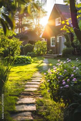Sunlit garden path leading to a cozy house