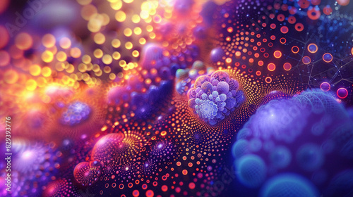 Render an image featuring mesmerizing hexagonal molecular patterns composed of intricate dots, set against vivid and diverse backgrounds.