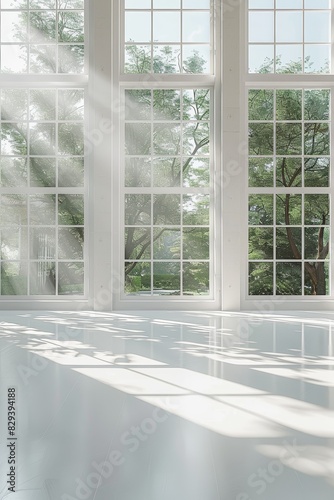 Bright modern empty white room with large windows casting sunlight shadows