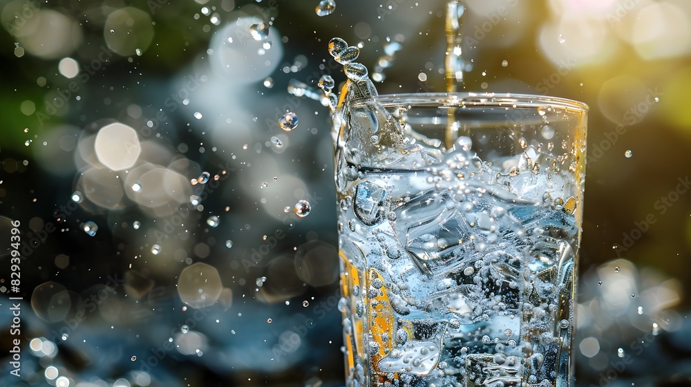 Refreshingly Clear Water Splash in Transparent Glass Under Sparkling Droplets and Elbow Refreshingly Clear Water Splash in Transparent Glass Under Sparkling Droplets and Elbow