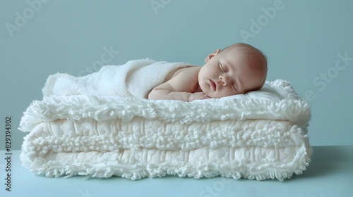 Newborn Sleeping Soundly on Soft Cozy Mattress with Light Blue Background