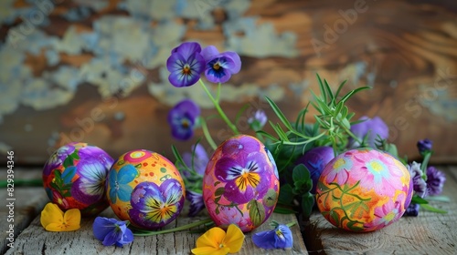 Vibrant Easter Eggs Adorned with Lovely Flowers on a Wooden Surface