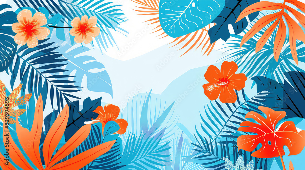 Fototapeta premium Vibrant Tropical Foliage with Flowers in Bold Colors AI generated