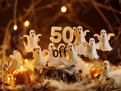 Spooky 50% off sale discount ghosts sign advert for Halloween fall autumn shopping promotion featuring errie light up haunted holiday flying ghost pumpkins candles cobwebs for October 31st retail text photo