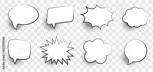 Retro empty comic speech bubbles set with black halftone shadows. Vintage design, pop art style
