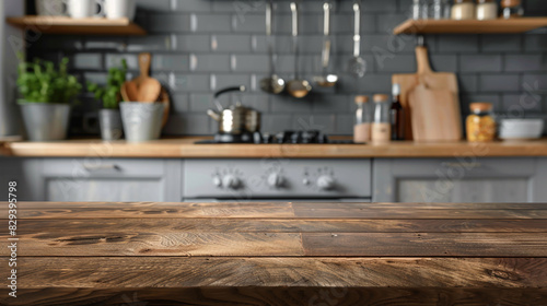 Clean Wooden Table Against a Softly Blurred Kitchen
