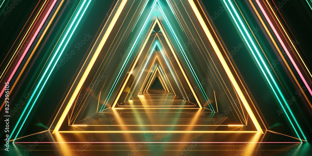 Fototapeta premium triangle line on regular green, yellow, glows, triangle, three-dimensional striped background, glow , black background
