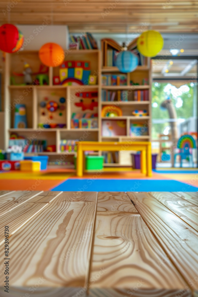A wooden play table in the foreground with a blurred background of a children's playroom. The background includes colorful toys, bookshelves with children's books, soft play mats, and cheerful. A wooden play table in the foreground with a blurred background of a children's playroom. The background includes colorful toys, bookshelves with children's books, soft play mats, and cheerful.