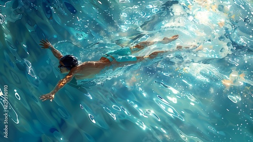 Graceful Aerial Arc A Competitive Swimmers Dramatic Synchronized Swimming Routine in a Cubist Style © idea24Club