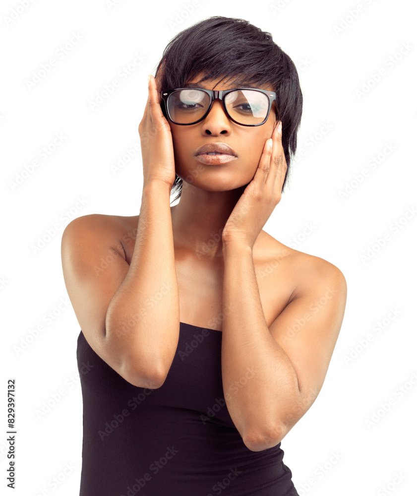 Glasses, fashion or portrait of black woman in studio for edgy outfit, beauty and confidence. Relax, serious and female person with pride or attitude for cool style and clothes on white background Glasses, fashion or portrait of black woman in studio for edgy outfit, beauty and confidence. Relax, serious and female person with pride or attitude for cool style and clothes on white background