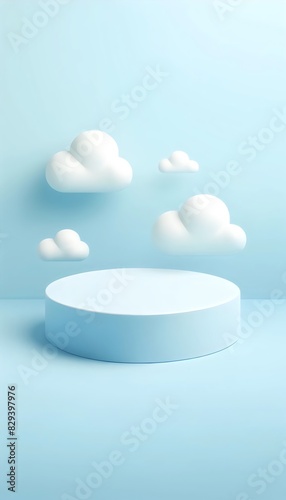 a serene and minimalist design featuring a light blue podium against a matching backdrop with whimsical white clouds floating around