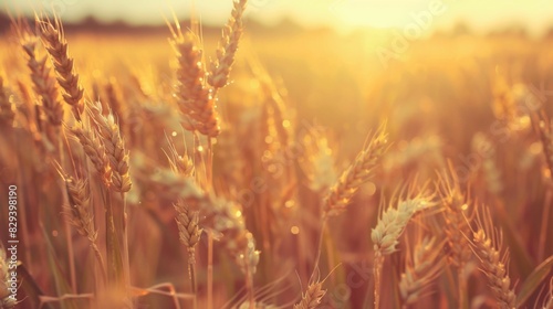 Background of ripening ears of wheat field and sunlight. Crops field. Field landscape photo