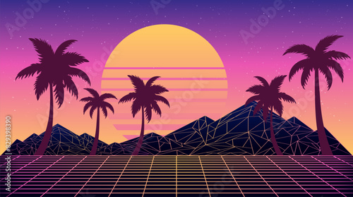 Retro low poly grid landscape with polygonal mountain, palm trees silhouettes and sun, vector illustration. 80s style synthwave landscape with neon grid mountains, palm trees silhouettes and sun.