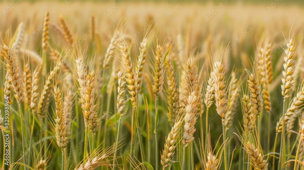 Background of ripening ears of wheat field and sunlight. Crops field. Field landscape