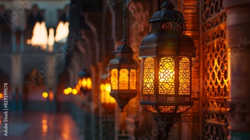 Elegant lanterns glowing warmly against an intricate Islamic background, illuminated by the soft hues of sunset lighting--style raw