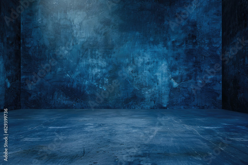 A dark blue wall with an underwater effect  creating a mysterious and deep atmosphere for product photography backgrounds. Created with Ai