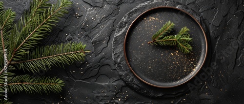 Elegant Christmas table setting from above, black plate with fir branch and gold decor on black stone background, studio lighting isolation