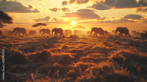 a herd of elephants walking across a dry grass field at sunset with the sun in the background and a few trees in the foreground. generative ai
