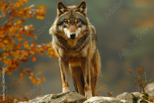 Digital image of the wolf is standing on a rocky hill, high quality, high resolution