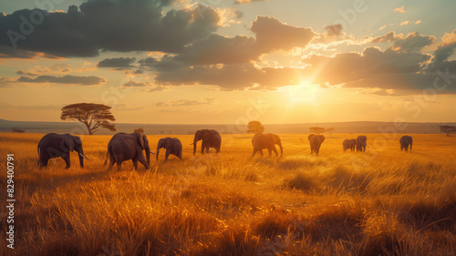a herd of elephants walking across a dry grass field at sunset with the sun in the background and a few trees in the foreground. generative ai © Pavithiran